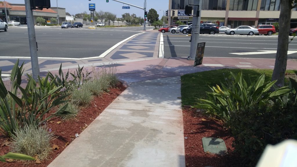 Sidewalk with plants and traffic
