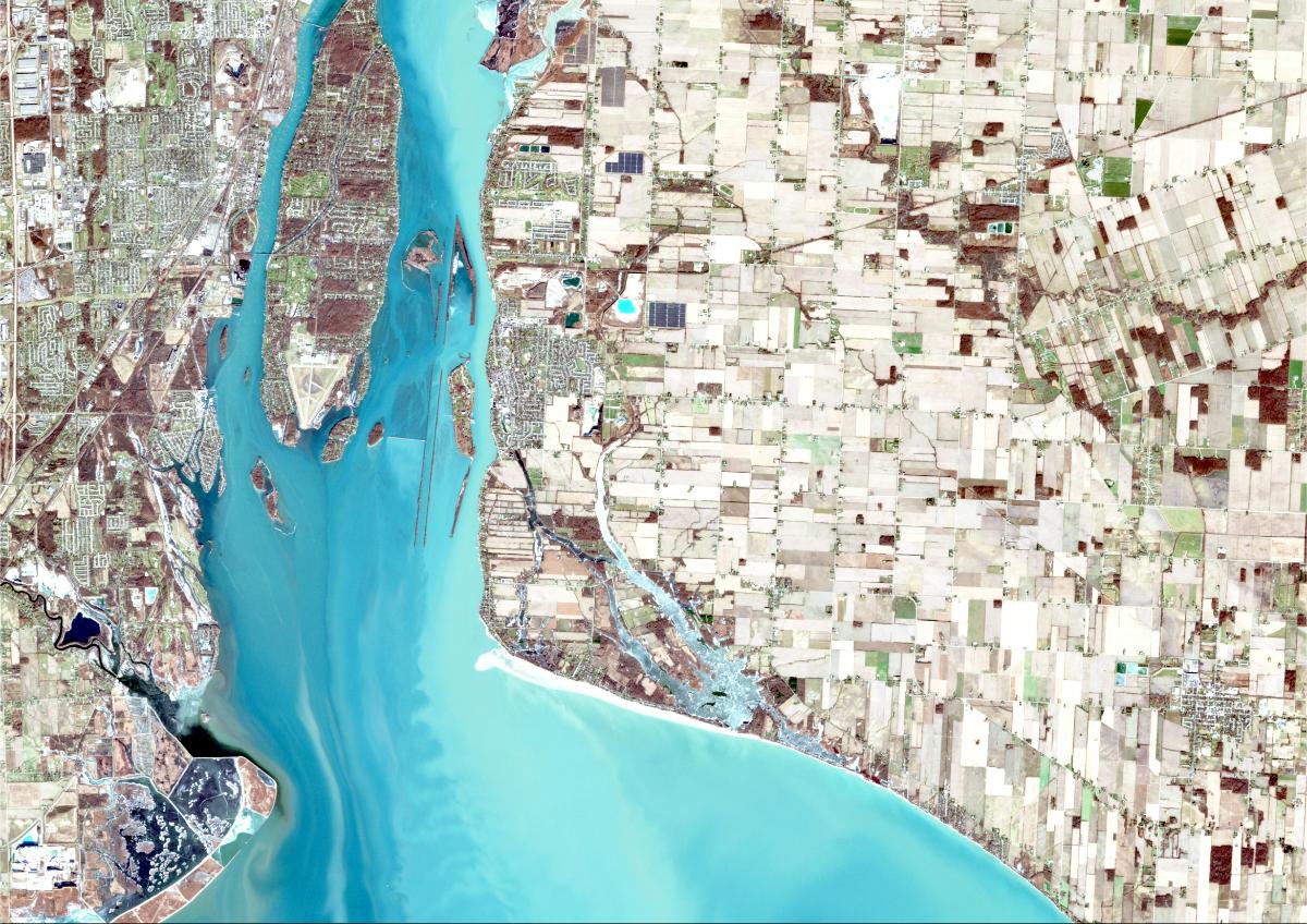 Aerial view of land and water
